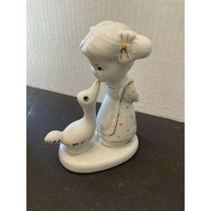 White Porcelain Figurine Girl w/ Pigtails and Duck 4.5"